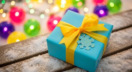 Festive blue gift box with yellow ribbon on snowy wooden bench with christmas lights