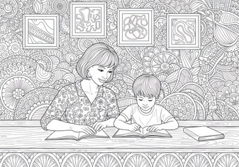 Woman and boy reading books coloring page illustration
