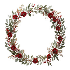 Fototapeta premium Floral wreath of red flowers, green leaves, and red berries on black