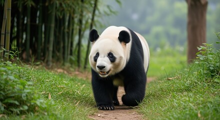 Fototapeta premium Giant panda walks along forest path surrounded by bamboo and green plants. Black and white bear shows calm demeanor in natural habitat. Perfect for wildlife and conservation content.