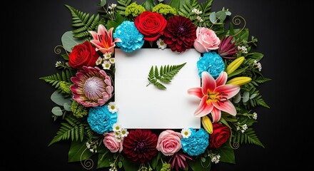 A white card surrounded by a wreath of colorful flowers including roses, dahlias, lilies, and ferns. Perfect for invitations, greeting cards, or announcements needing a floral frame.