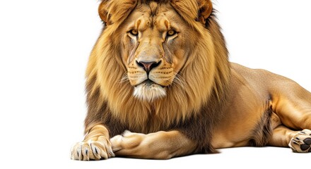 Fototapeta premium Majestic male lion resting on white surface, showing golden mane and powerful build. Perfect for wildlife content, safari themes, nature blogs, or strength and courage concepts.
