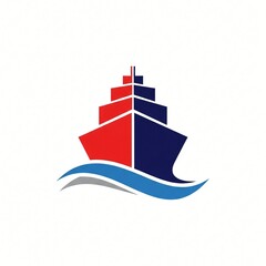 Obraz premium Stylized red and blue ship illustration with abstract waves below boat