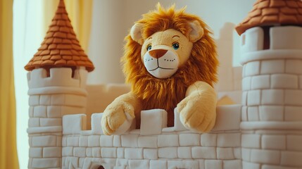 Stuffed lion perched on a toy castle wall
