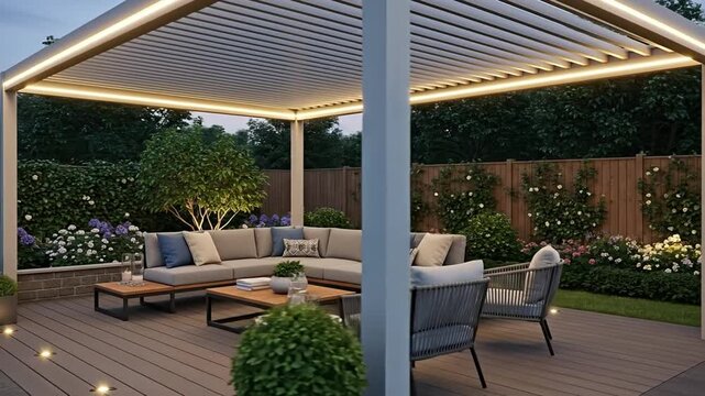 Modern Outdoor Patio Pergola With Integrated LED Lighting Furnished With Gray Sectional Sofa And Wooden Coffee Tables Evening Ambiance