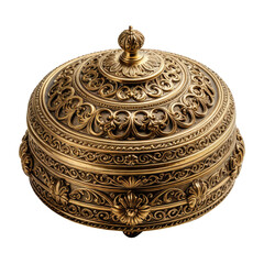 Ornate golden box with detailed scrollwork, topped with crown-shaped knob
