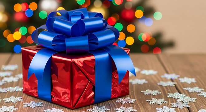 Red christmas gift box with blue ribbon on wooden table with snowflakes and christmas tree