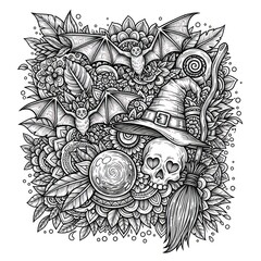 Intricate halloween illustration with bats witch hat and decorative elements