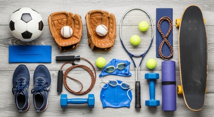 Diverse sports equipment including a soccer ball baseball gloves tennis racket dumbbells jump rope and skateboard