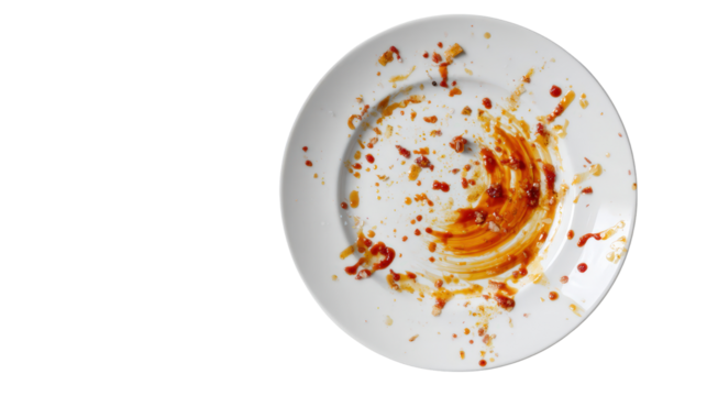 Uneaten food waste on a plate with sauce stains background isolated on a Transparent background, PNG file.