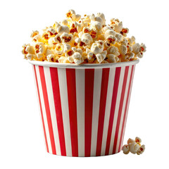 Tasty popcorn overflowing from a red and white striped bucket