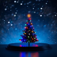 Enchanting christmas tree illuminated with colorful lights under a snowy night sky