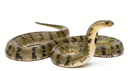 Tan and green patterned snake coiled with its head raised on a white background