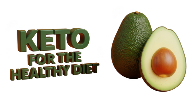 Keto avocado and text graphic for healthy diet 3D rendered isolated on transparent background - Powered by Adobe