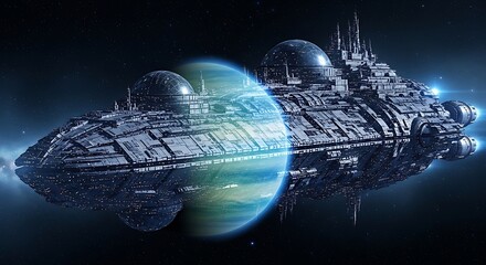 Massive futuristic spaceship with glowing blue portal in deep space