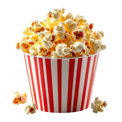 Striped popcorn container overflowing with fluffy, buttery kernels