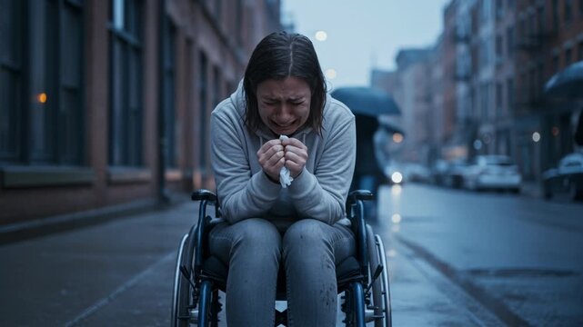 A woman in a wheelchair sits alone on a wet street, visibly upset. Its raining, and people walk by with umbrellas, unaware of her emotional pain.
