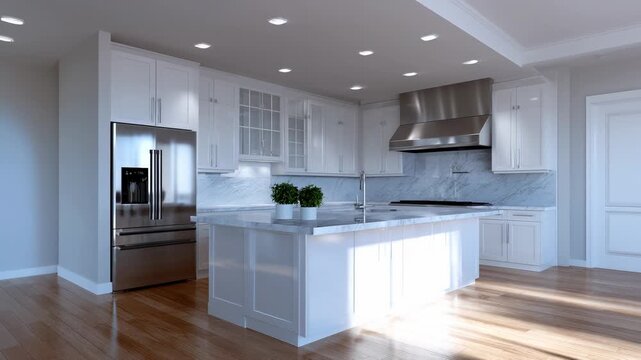 This renovated kitchen features a contemporary design with bright lighting, spacious countertops, and an open layout, perfect for cooking and entertaining guests.
