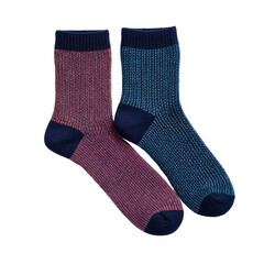 Knit socks maroon and blue, ribbed texture, dark blue cuff and accents