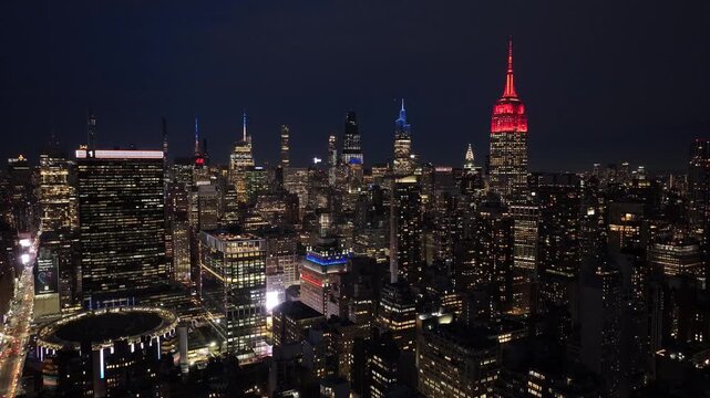 Night Skyline Of New York Skyline At Manhattan In New York United States. Night City Landscape. Financial District. New York Skyline At New York United States. Highrise Buildings Scenery.
