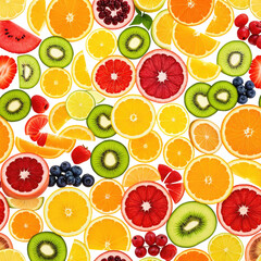 Colorful fruit slices; oranges, kiwi, grapefruit, lemons, & various berries