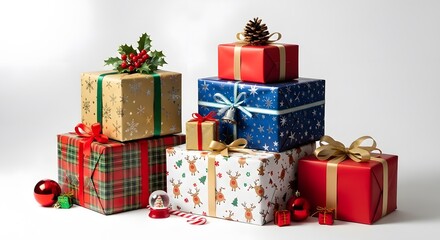 A collection of Christmas gift boxes in various sizes and designs, decorated with ribbons and ornaments