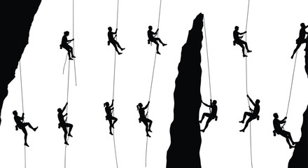 Rock climbers silhouettes on ropes, mountain climbing, adventure sport, extreme outdoor activity, fitness training, mountaineering illustration, lifestyle design, flat vector