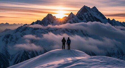 Two hikers silhouetted on snowy mountain peak at sunrise over clouds