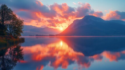 Sunset over lake with mountain range reflection