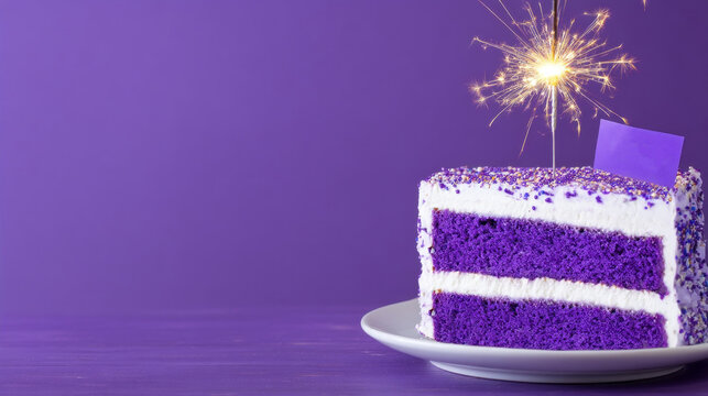 A vibrant purple cake celebrates a special birthday, featuring fluffy layers and smooth white frosting. A sparkler adds excitement, enhancing the festive mood for partygoers