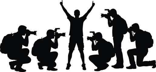 Photographers taking pictures, central person celebrating, cameras focused, travel photography scene, professional photographers silhouettes, media coverage concept, teamwork illustration, flat vector