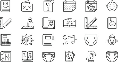 Parenting childcare icons, baby diapers, books, music notes, smartphone tools, family education, childcare essentials, digital parenting symbols, flat vector