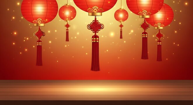 Celebrate Lunar New Year with these vibrant red lanterns and a traditional wooden table, perfect for showcasing festive products and promotions