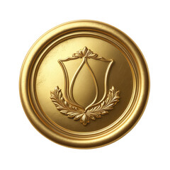 Gold medallion. Shield shape with laurel wreath on golden metal disc