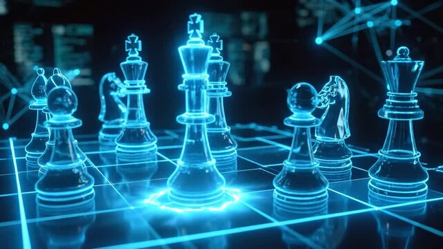 Abstract visualization of artificial intelligence strategy, depicted as a glowing digital chess game on a futuristic board with translucent, luminous pieces and cyber elements