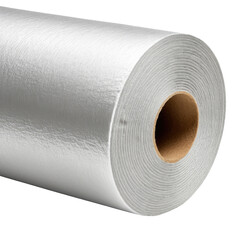 Rolled sheet of shiny silver material on a cardboard tube