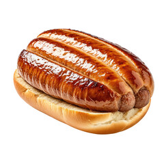 Grilled sausages nestled in a fresh bun on a black background