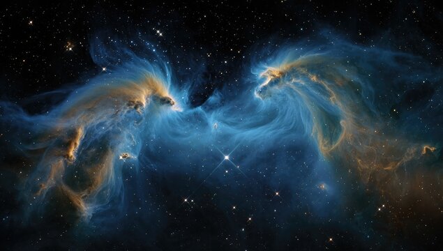 A vibrant nebula displays swirling, ethereal clouds of blue and gold gas and dust, punctuated by distant stars against a dark cosmic background.  The nebula's form suggests a mirrored, winged creature