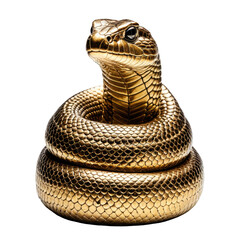Golden snake coiled. Eyes sharp, looking alert.  Metal texture