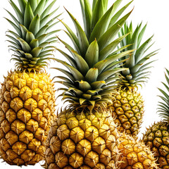 Ripe pineapples arranged, exhibiting spiky, leafy tops and textured bodies