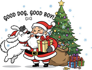 Santa with dog, Christmas cartoon scene, holiday gift moment, festive pet illustration, winter celebration art, joyful bonding, seasonal character design