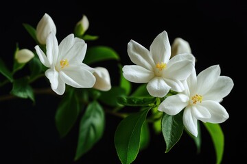 Fototapeta premium A vibrant display of white flowers with yellow centers, blooming on a branch against a dark background.