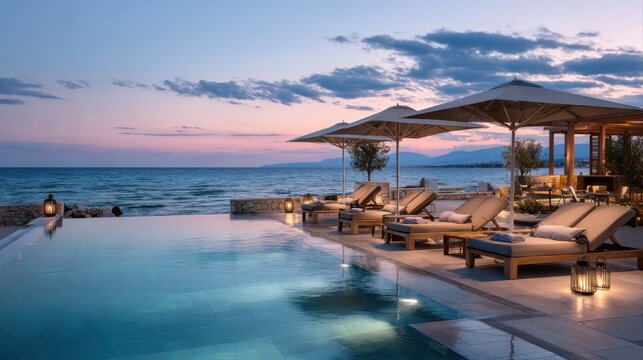 luxurious infinity pool ocean sunset view - Powered by Adobe