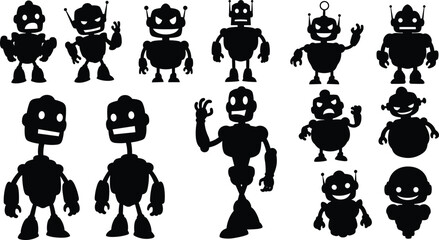 Cartoon robot silhouettes, futuristic character design, cute AI bots, vector illustration, playful robotics, kids tech art, abstract android icons