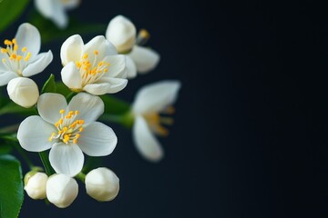 Fototapeta premium A vibrant display of white and yellow flowers with green leaves against a dark background, creating a striking contrast.