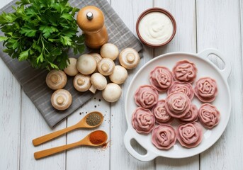 Freshly made dumplings with mushrooms and herbs on a white wooden table. Homemade beetroot dumplings with mushrooms, parsley and sour cream