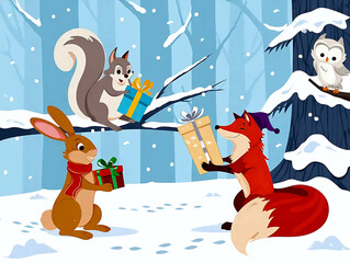 Adorable forest animals decorate a Christmas tree and share gifts in a magical winter forest. Perfect for children illustration.