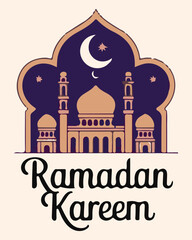 Ramadan kareem greeting card illustration featuring an ornate mosque silhouette, crescent moon, and golden archway