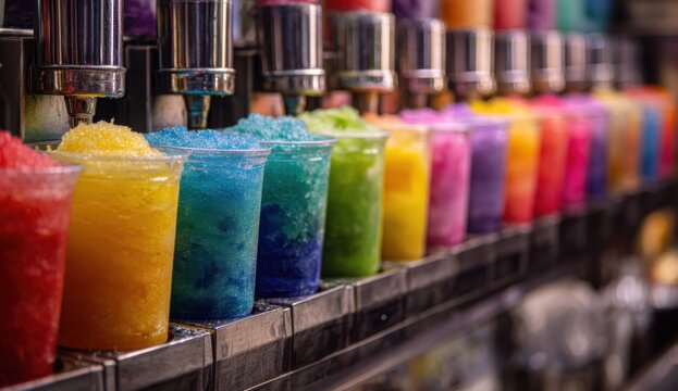 A vibrant array of colorful slushies are displayed in clear plastic cups, showcasing a variety of refreshing flavors and textures, perfect for a hot day and a sweet treat