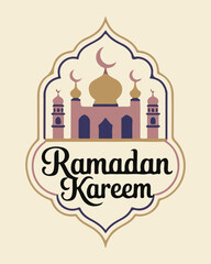 Ramadan kareem greeting card design featuring a stylized mosque silhouette, crescent moon, and ornate arch, perfect for islamic celebrations.